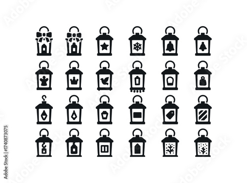 vector solid black filled icons Lanterns (Decorations) lantern, ribbon, bow, star, cutout, snow, bell, angel, crown, charm, dove, bead, fringe, tassel, glass.