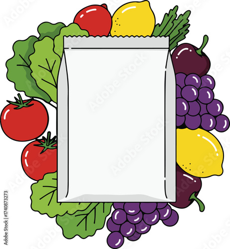 Mock up of Paper bag surrounded by fresh fruits and vegetables suggesting healthy eating and sustainable lifestyle, promoting wellness and ecoconsciousness.