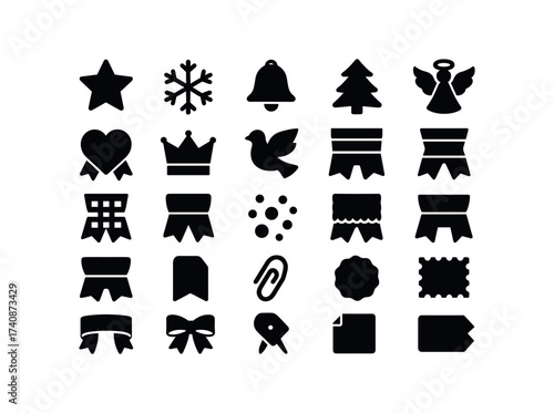 vector solid black filled icons Ribbons (Decorations) ribbon, star, snow, bell, tree, angel, heart, crown, dove, stripe, dot, ribbon.