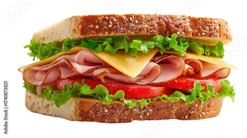 Close-up of two sandwiches with bacon, salami, prosciutto and fresh vegetables on rustic wooden cutting board. Club sandwich concept.