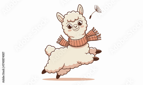 Cartoon Alpaca with Scarf and Dandelion Seed on White Background