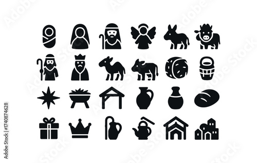 vector solid black filled icons Nativity (Figures) baby, mary, joseph, angel, shepherd, man, wise, camel, animal, donkey, ox, sheep, star, symbol.