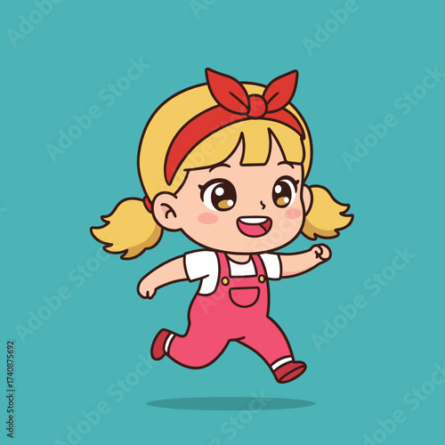 Adorable blonde cartoon girl in pink overalls running happily, cheerful child playing with a big smile, cute vector illustration