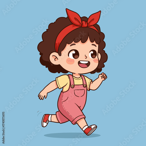 Happy little girl cartoon running cheerfully in pink overalls and red headband, isolated on a blue background