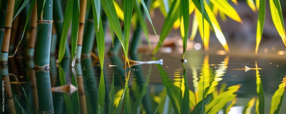 Obraz premium Serene reflection of bamboo leaves in still, clear water, photography, image, lake