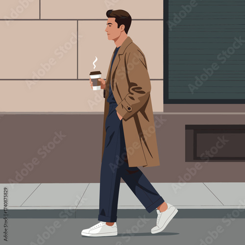 Young man in trench coat walking with coffee on urban street, modern lifestyle illustration