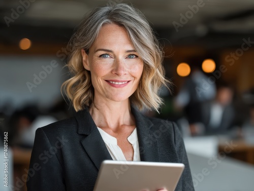 Smiling mature business woman executive, happy middle aged businesswoman entrepreneur, 40 years old company hr holding digital tablet looking at camera standing in office at work. Vertical portrait