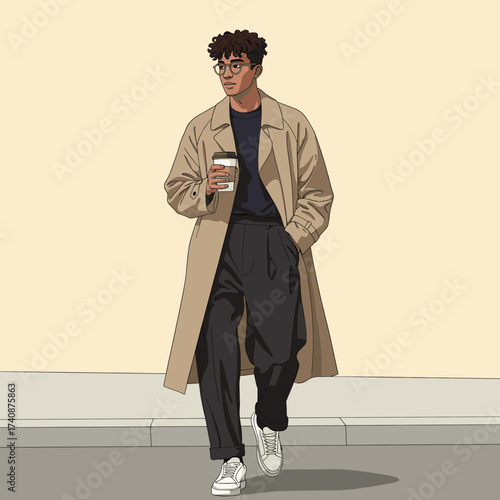Stylish young man in trench coat and glasses walking with coffee cup on sidewalk, urban fashion illustration