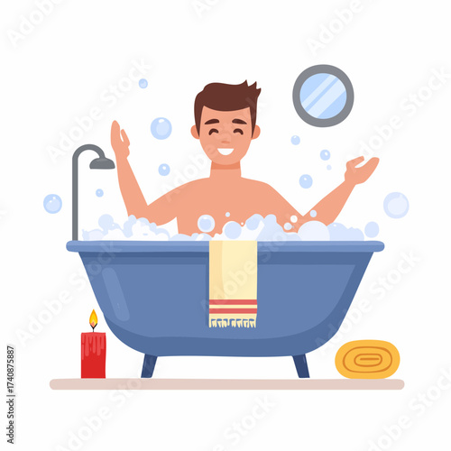Man washing face in sink with water, hygiene concept illustration.