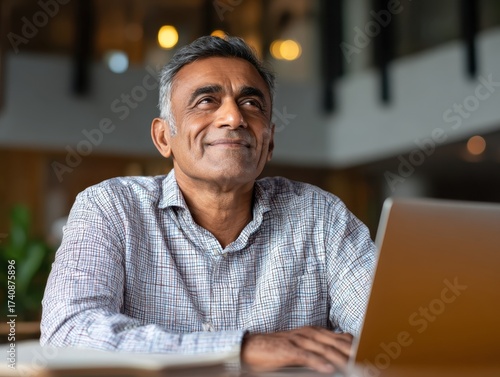 Smiling mature business man executive wearing shirt sitting at desk using laptop. Happy busy professional middle aged Indian businessman investor working on computer looking away in office. Copy space