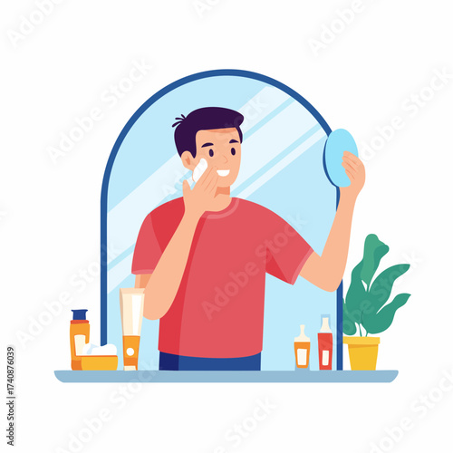 Man looking in mirror, applying skincare product to face.