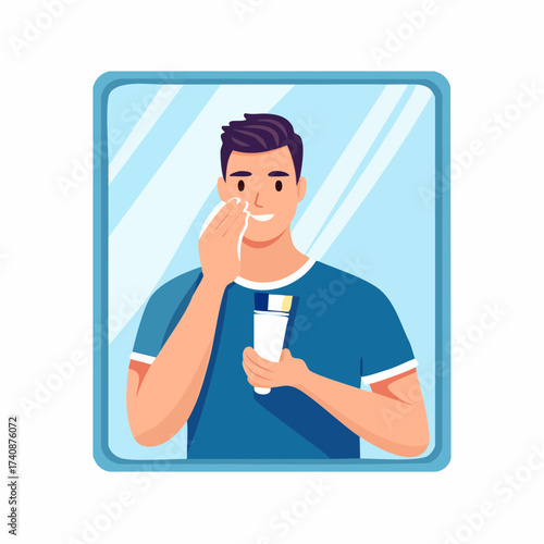 Man applying face cream in front of a mirror, skincare routine, grooming.