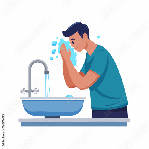Illustration of a man washing his face in a blue sink with water splashing.