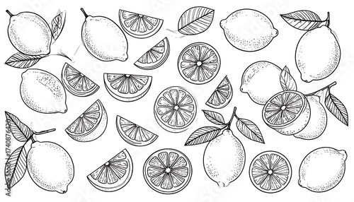 Hand-drawn illustration of lemons and lemon slices in black and white
