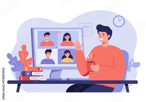 Worker using computer for collective virtual meeting and group video conference. Man at desktop chatting with friends online. Vector illustration for videoconference, remote work, technology concept