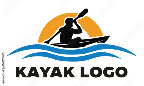 Kayak Logo with Wave and Sunset – Paddler Silhouette Design