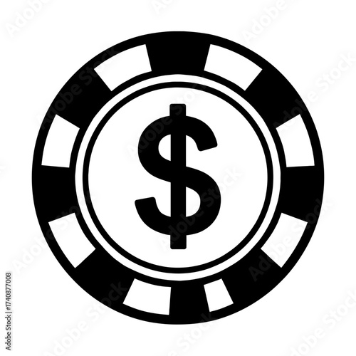 Striking black and white casino chip vector icon, prominently featuring a dollar sign ($) at its core. This graphic effectively symbolizes money, poker, gambling, betting, finance, and valuable stakes