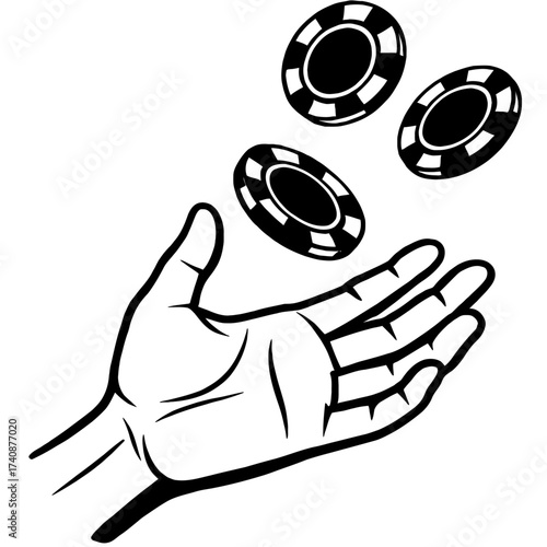 Dynamic black and white vector illustration of a human hand catching or tossing three classic casino poker chips, symbolizing gambling, games of chance, betting, luck, wealth, and the thrill of strate