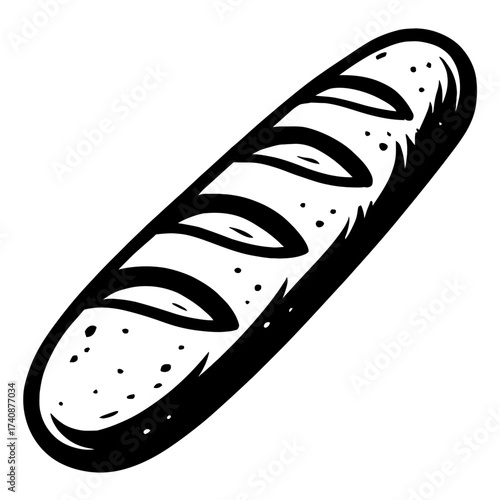 Black and white vector drawing of a rustic baguette-style bread loaf with characteristic slashes on its crust. Ideal for bakery branding, food blogs, and menus, symbolizing fresh artisan baked goods f