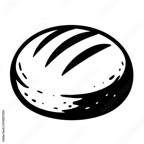 Black and white hand-drawn round bread loaf illustration, rustic style with classic slashes, ideal for bakery logos, menus, food blogs, recipe graphics, artisan bread, sourdough, baked goods, fresh br