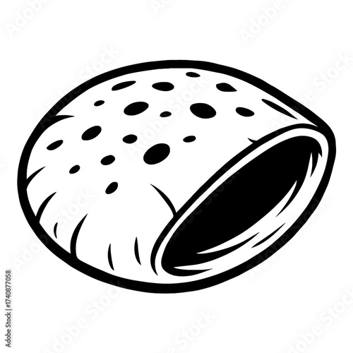 Black and white half coconut shell vector illustration with textured surface and hollow interior, perfect for tropical, beach, summer, food, drink, island, natural, organic, cartoon, graphic design, i