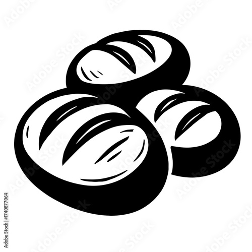 Black and white vector illustration of three freshly baked rustic artisan bread loaves, perfect for bakery branding, restaurant menus, and food-related designs, emphasizing wholesome gourmet quality f