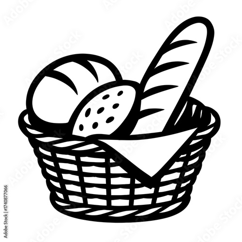 Black and white vector line art of a traditional wicker bread basket. Contains a fresh French baguette, a rustic round loaf, and a seeded roll, neatly arranged on a white cloth. Ideal for bakery, food