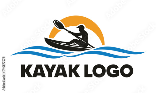 Kayak Logo with Wave and Sunset – Paddler Silhouette Design
