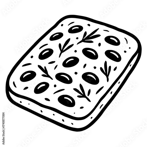 Black and white hand-drawn vector outline of rustic rectangular Italian focaccia bread, generously topped with plump black olives and aromatic rosemary sprigs. Perfect for Italian cuisine, bakery, foo