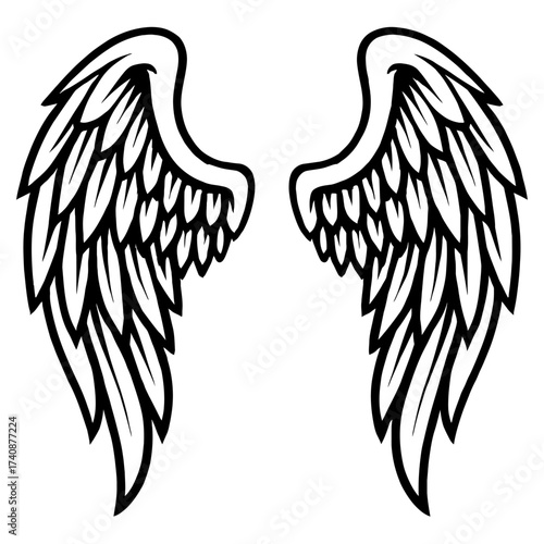 Striking pair of stylized angel wings vector illustration, ideal for tattoo designs, spiritual emblems, religious symbols, heavenly concepts, freedom motifs, decorative art, graphic projects, digital