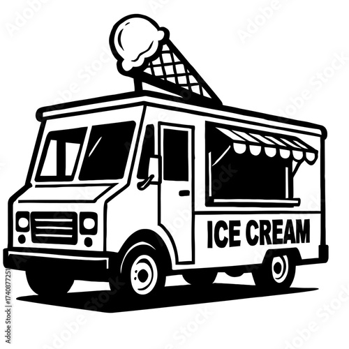 Vector illustration of a classic ice cream truck, monochromatic, with a giant waffle cone and scoop on the roof. 'ICE CREAM' is boldly written on the side, perfect for summer, dessert, food service, m