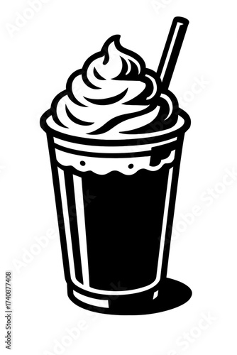 Monochrome vector: Cold beverage in tall cup with whipped cream and a straw. Ideal for coffee shops, cafes, dessert menus, branding, iced coffee, frappes, milkshakes, or sweet treats. Clean, bold, ver