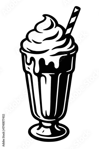 Vintage Retro Milkshake Vector Illustration with Whipped Cream and Striped Straw, a Classic Diner Style Cold Sweet Dessert Beverage, Perfect for Cafe Menus, Summer Refreshment, and Indulgent Treats in