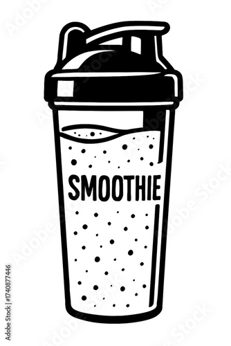 Dynamic black and white line art illustration of a modern fitness shaker bottle filled with a delicious, bubbly smoothie, perfect for conveying healthy living, gym routines, and nutritional beverage c