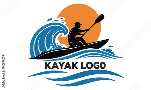 Kayak Logo with Wave and Sunset – Paddler Silhouette Design