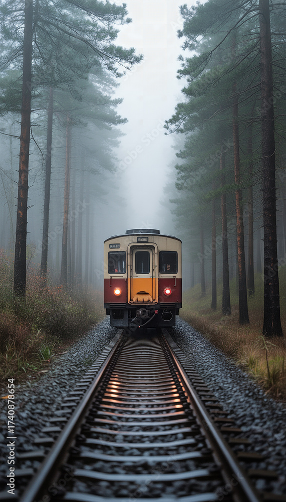 Naklejka premium Vintage train traveling on tracks through foggy pine forest 