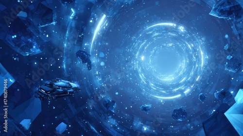 Fototapeta Naklejka Na Ścianę i Meble -  Futuristic spaceship navigates a vibrant blue wormhole filled with crystalline asteroids and distant nebulae, embarking on an epic interstellar journey.