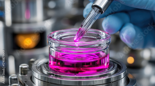 Wallpaper Mural Precise hand holds pipette above glass container filled with vibrant pink liquid, showcasing synthetic life creation in laboratory setting Torontodigital.ca
