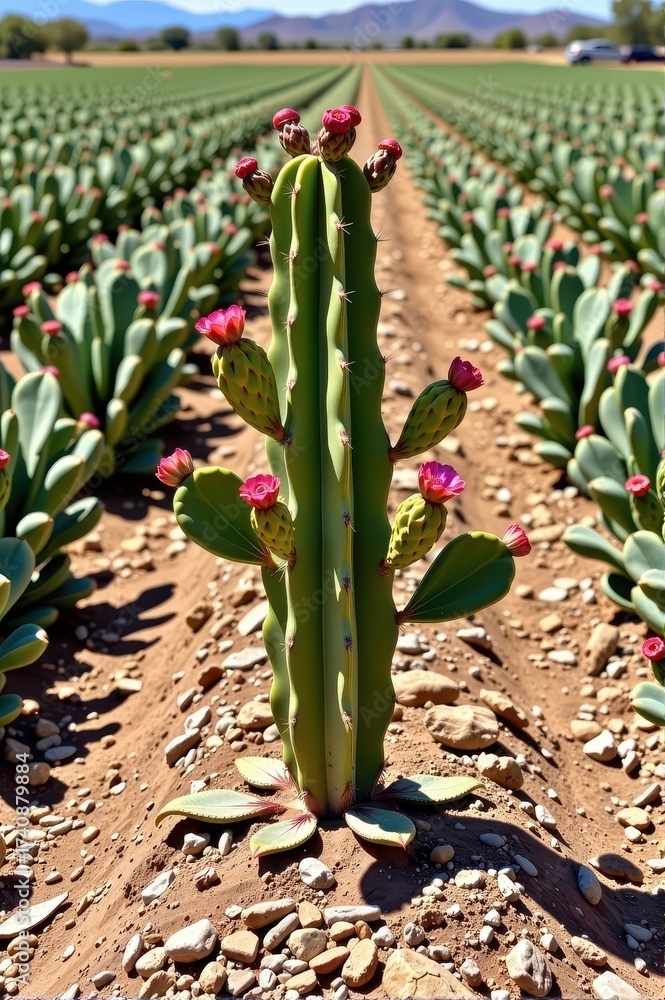 Obraz premium A prickly pear cactus stands tall amidst rows of neatly cultivated farmland, its vibrant green pads contrasting with the dry earth, thorns, prickly pear
