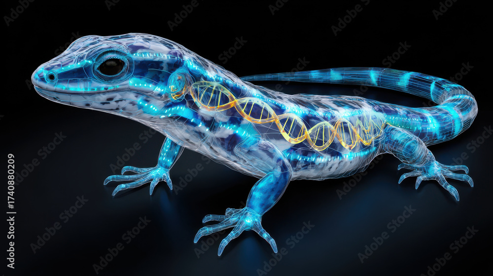 Naklejka premium Stunning synthetic life creation showcases translucent lizard with glowing DNA strands, symbolizing fusion of nature and technology