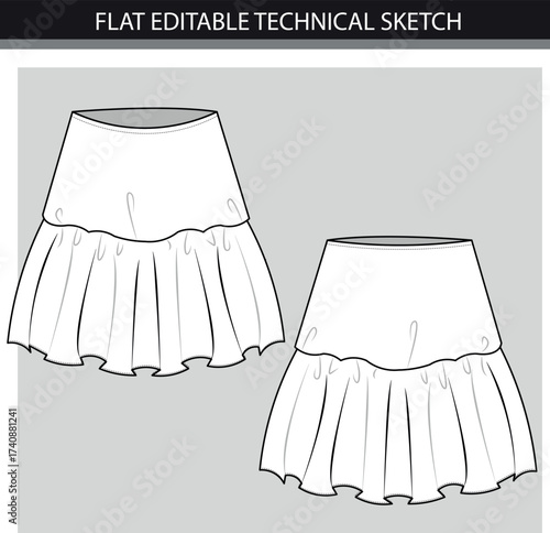 Skirt technical fashion illustration with pleated skirt. Flat bottom template front, back.