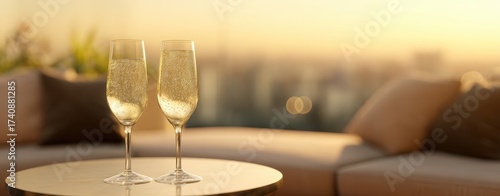 The Two Champagne Flutes on a Sunset Terrace in a Luxury Lounge