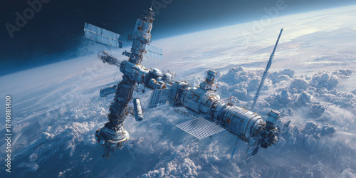 Fototapeta Naklejka Na Ścianę i Meble -  Futuristic space station orbits Earth, showcasing advanced technology and engineering. structure is set against backdrop of clouds and planet curvature, highlighting vastness of space