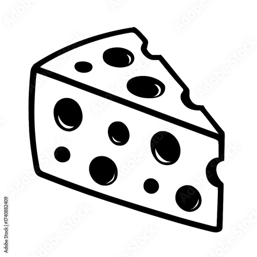 Black and white outline illustration of a Swiss cheese wedge, featuring its distinctive holes. Ideal graphic for food-related themes, culinary designs, dairy product iconography, and general food illu