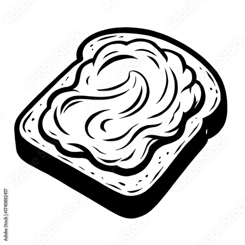 A single slice of bread with a creamy, swirled spread is depicted in this black and white cartoon illustration. It's a classic breakfast or snack item, perfect for food blogs, menus, and design projec