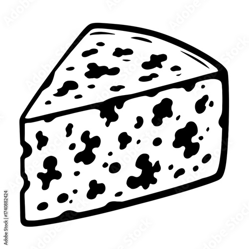 Black and white outline drawing of a holed cheese wedge. Ideal for food designs, culinary blogs, menus, dairy branding, kitchen decor, recipes. A versatile, appealing graphic representing delicious ch