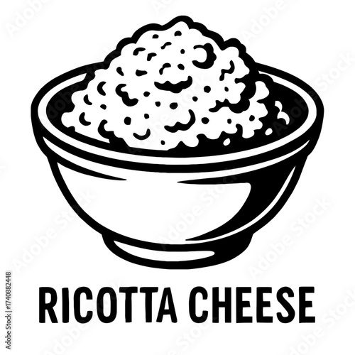 Premium Ricotta Cheese in a Bowl Vector Art Illustration, Black and White Monochrome Graphic for Italian Cuisine Recipes, Dairy Product Ingredient for Lasagna, Cannoli, and Delicious Desserts, Creamy