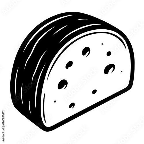 Rustic Artisan Bread Slice Vector Icon Illustration - Black and White Semicircle Loaf with Characteristic Holes - Perfect for Bakeries, Food Blogs, Restaurant Menus, and Culinary Designs, Depicting Fr