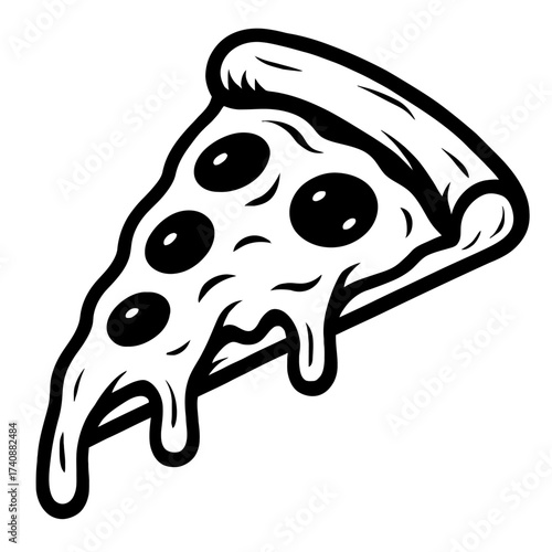 Deliciously dripping classic pepperoni pizza slice vector illustration in bold black and white outline style, perfect for restaurant menus, fast food branding, Italian cuisine promotions, and appetizi