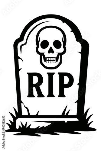 Haunting black and white illustration of a weathered Halloween tombstone, featuring a grinning skull emblem perched above bold "RIP" letters, rising from eerie grass, perfect for spooky designs, gothi